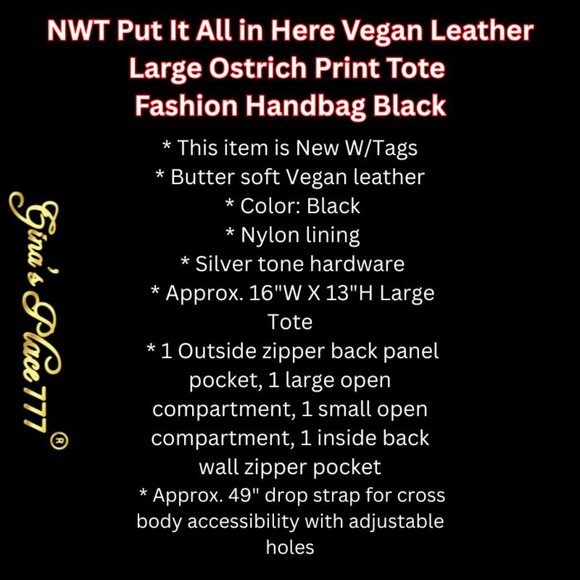 NWTPut It All in Here Vegan Leather Large Ostrich Print Tote Fashion Handbag Blk - Picture 4 of 12